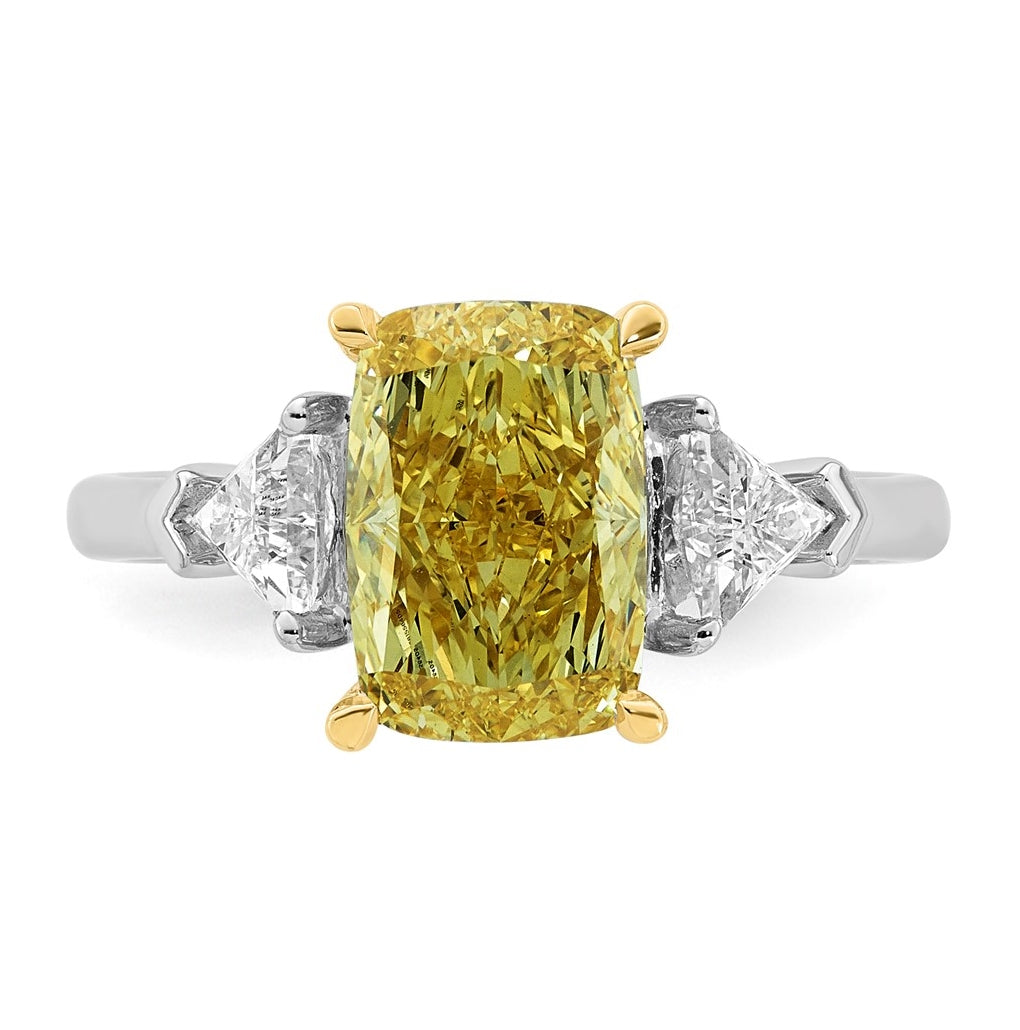 14k Two-Tone Gold 3 1/2ct Lab Grown Dia. Long Cushion VS+ Cert. Vivid Yellow & Trapezoi