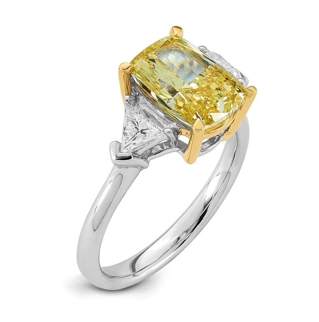 14k Two-Tone Gold 3 1/2ct Lab Grown Dia. Long Cushion VS+ Cert. Vivid Yellow & Trapezoi