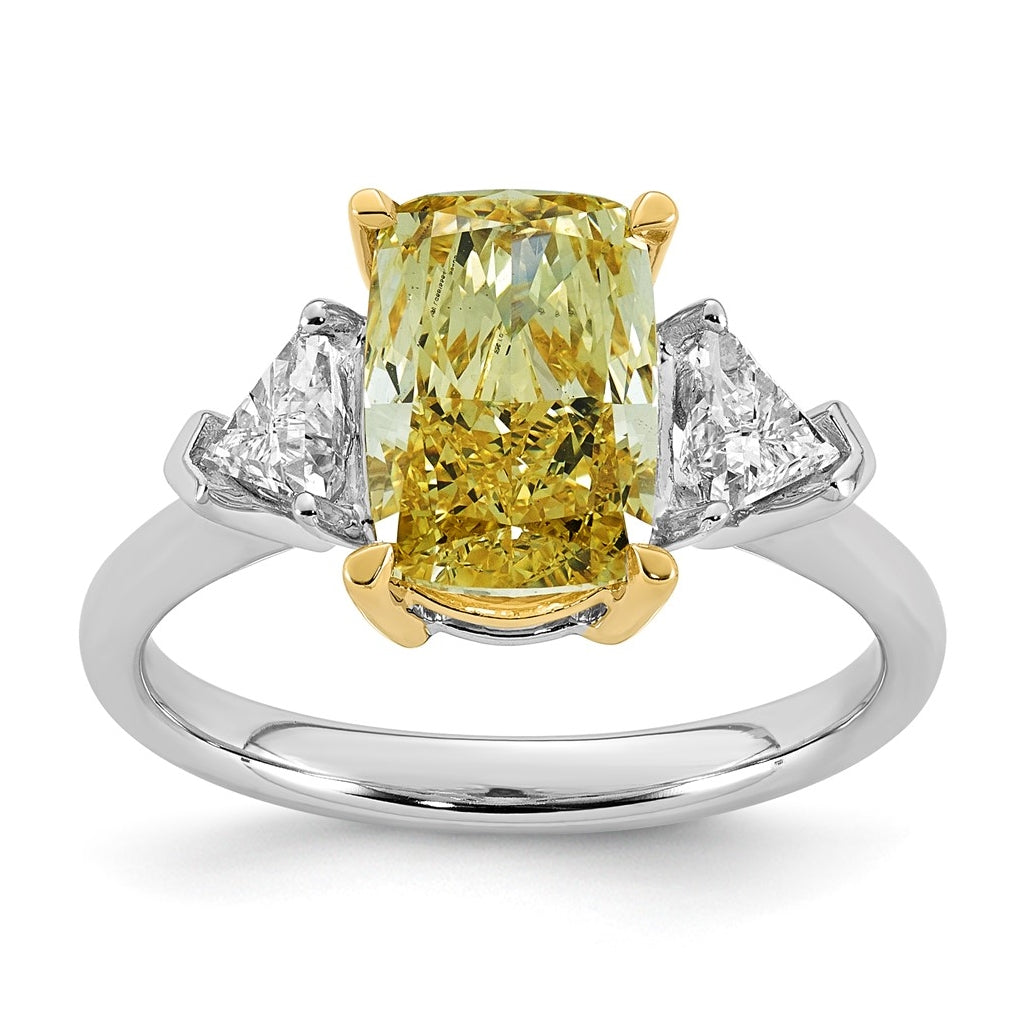 14k Two-Tone Gold 3 1/2ct Lab Grown Dia. Long Cushion VS+ Cert. Vivid Yellow & Trapezoi