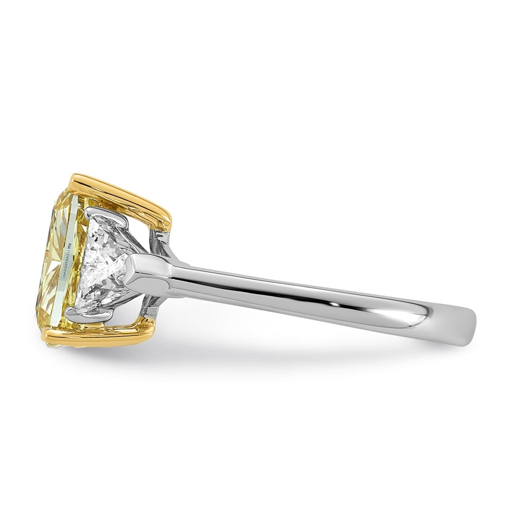 14k Two-Tone Gold 4ct Lab Grown Dia. Long Cushion VS+ Cert. Vivid Yellow & Trapezoid VS