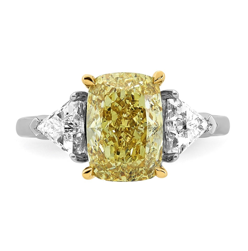 14k Two-Tone Gold 4ct Lab Grown Dia. Long Cushion VS+ Cert. Vivid Yellow & Trapezoid VS