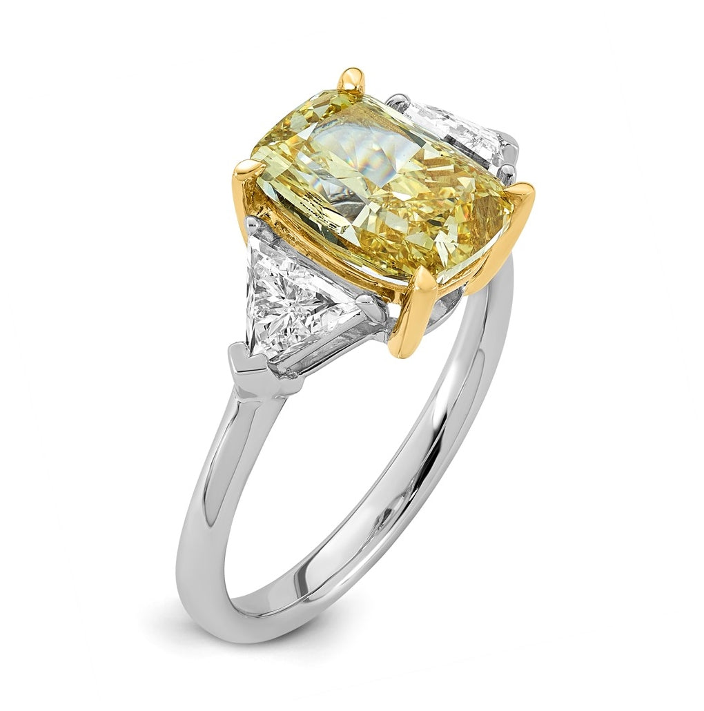 14k Two-Tone Gold 4ct Lab Grown Dia. Long Cushion VS+ Cert. Vivid Yellow & Trapezoid VS