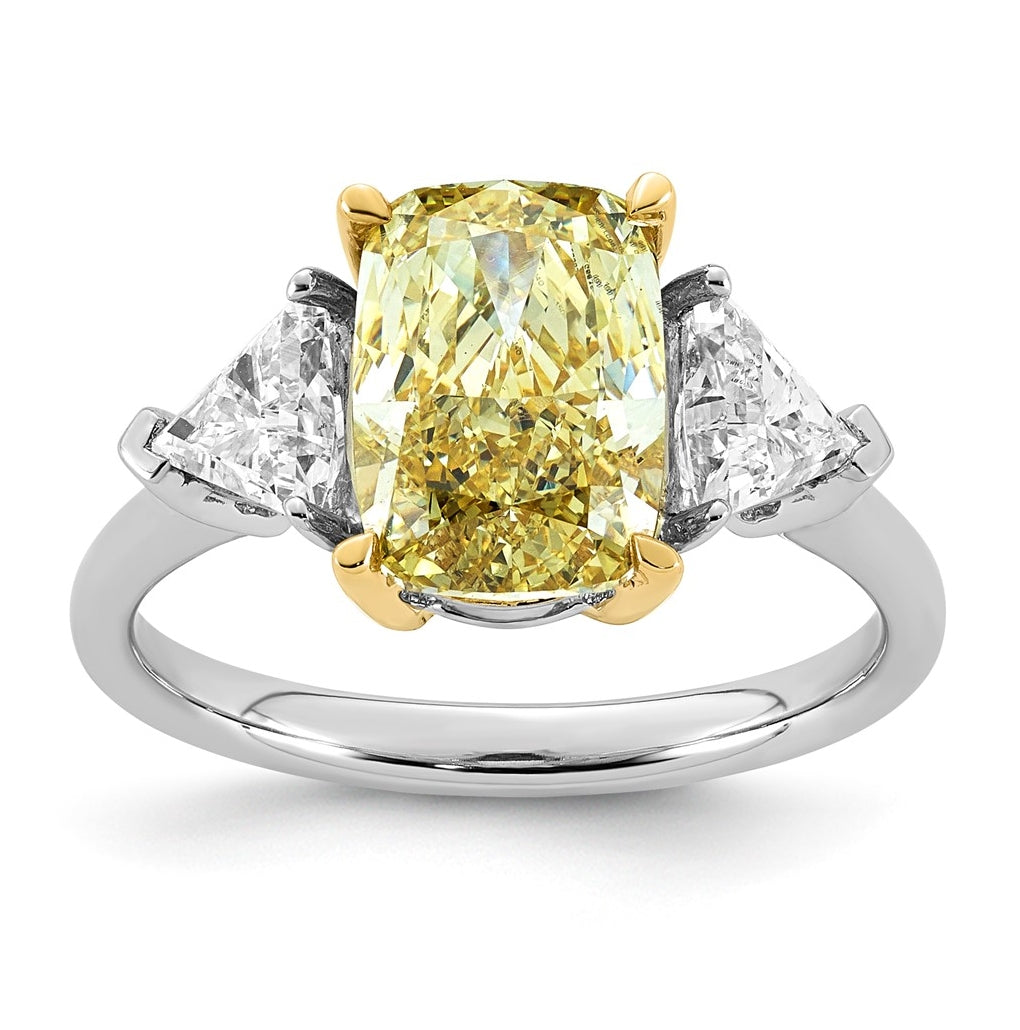 14k Two-Tone Gold 4ct Lab Grown Dia. Long Cushion VS+ Cert. Vivid Yellow & Trapezoid VS