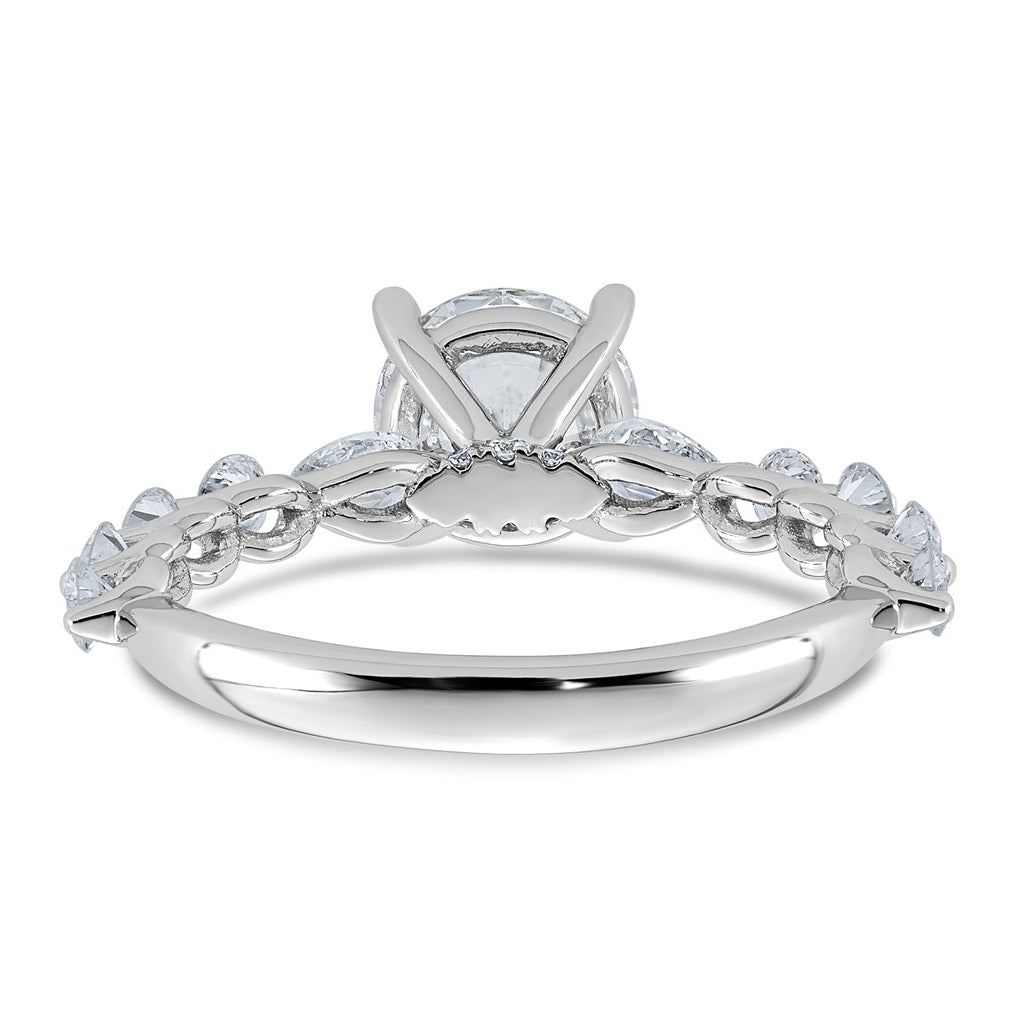 14K White Gold 2 1/4ct Cert. Rd Ctr Lab Grown Diamond VS+ F+ w/ Rd & Pear Sides Comp. Eng