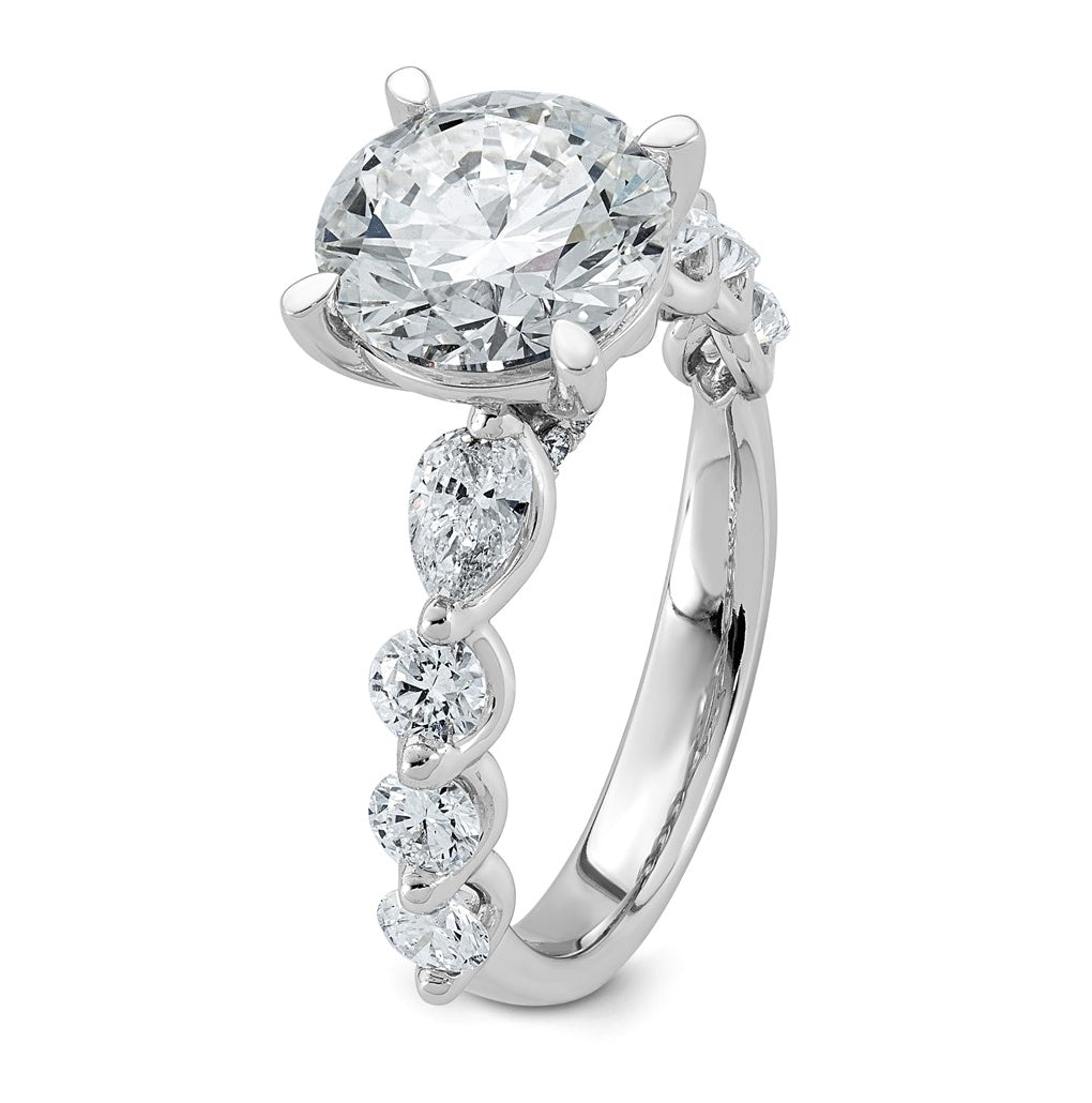14K White Gold 4 1/8ct Cert. Rd Ctr Lab Grown Diamond VS+ F+ w/ Rd & Pear Sides Comp. Eng