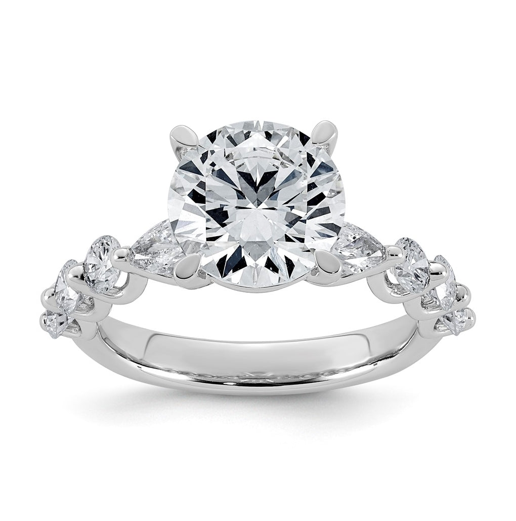 14K White Gold 4 1/8ct Cert. Rd Ctr Lab Grown Diamond VS+ F+ w/ Rd & Pear Sides Comp. Eng