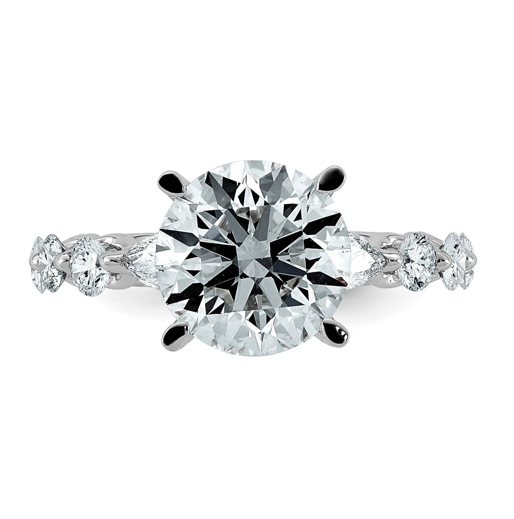 14K White Gold 5 1/8ct Cert. Rd Ctr Lab Grown Diamond VS+ F+ w/ Rd & Pear Sides Comp. Eng