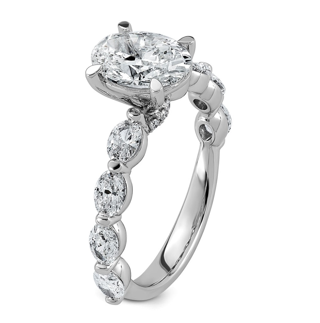 14K White Gold 2 5/8ct Certified Oval Ctr Lab Grown Diamond VS+ F+ w/ Oval Sides Comp. En