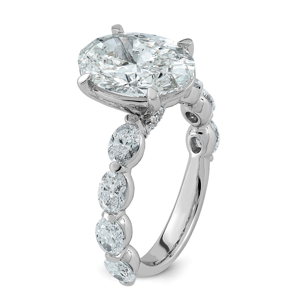 14K White Gold 5 1/2ct Certified Oval Ctr Lab Grown Diamond VS+ F+ w/ Oval Sides Comp. En