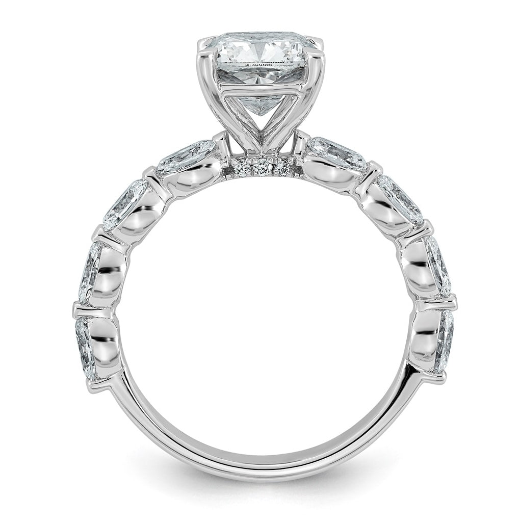 14K White Gold 3ct Cert. Cushion Ctr Lab Grown Diamond VS+ F+ w/ Oval Sides Comp. Eng. Ri
