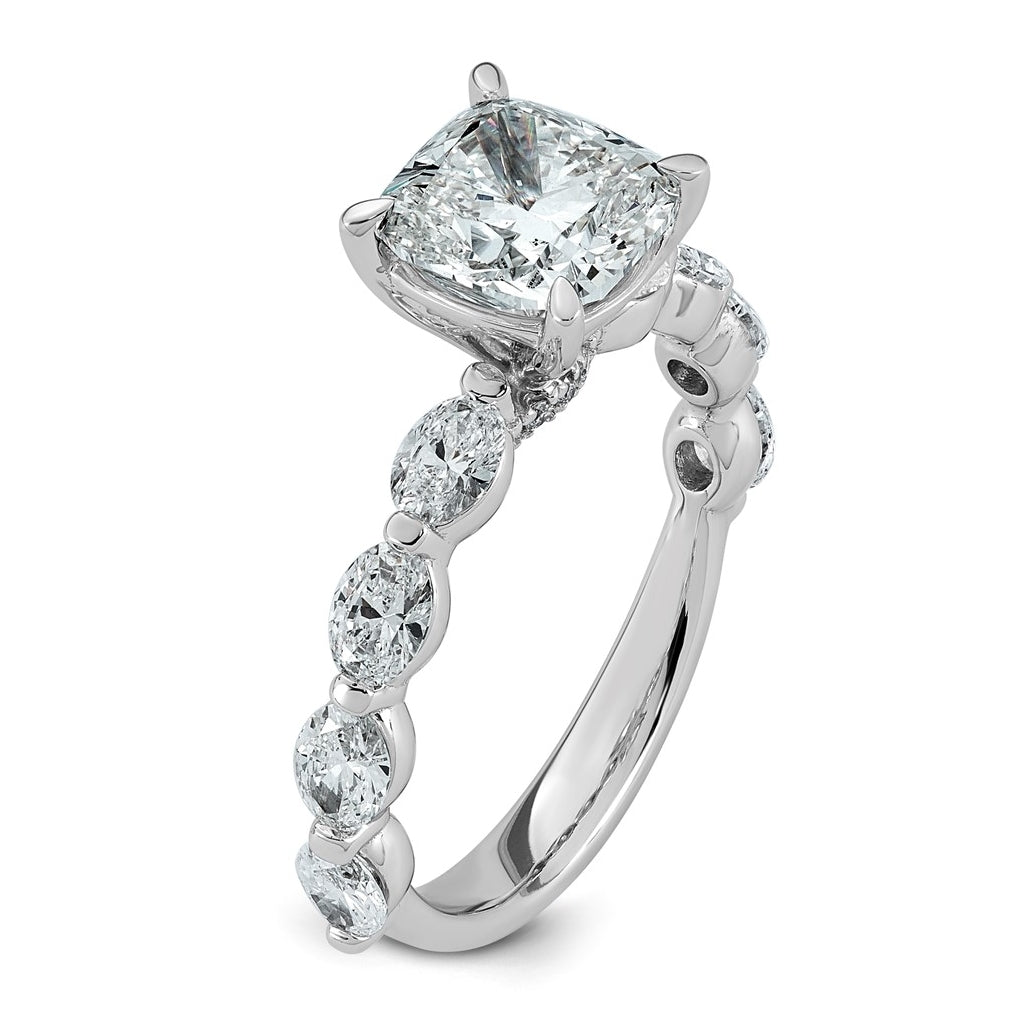 14K White Gold 3ct Cert. Cushion Ctr Lab Grown Diamond VS+ F+ w/ Oval Sides Comp. Eng. Ri