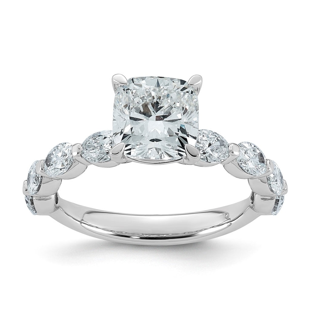 14K White Gold 3ct Cert. Cushion Ctr Lab Grown Diamond VS+ F+ w/ Oval Sides Comp. Eng. Ri