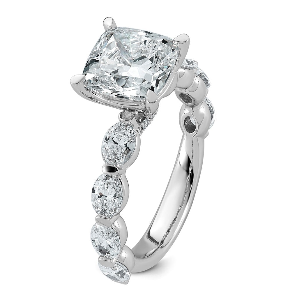 14K White Gold 4 1/2ct Cert. Cushion Ctr Lab Grown Diamond VS+ F+ w/ Oval Sides Comp. Eng