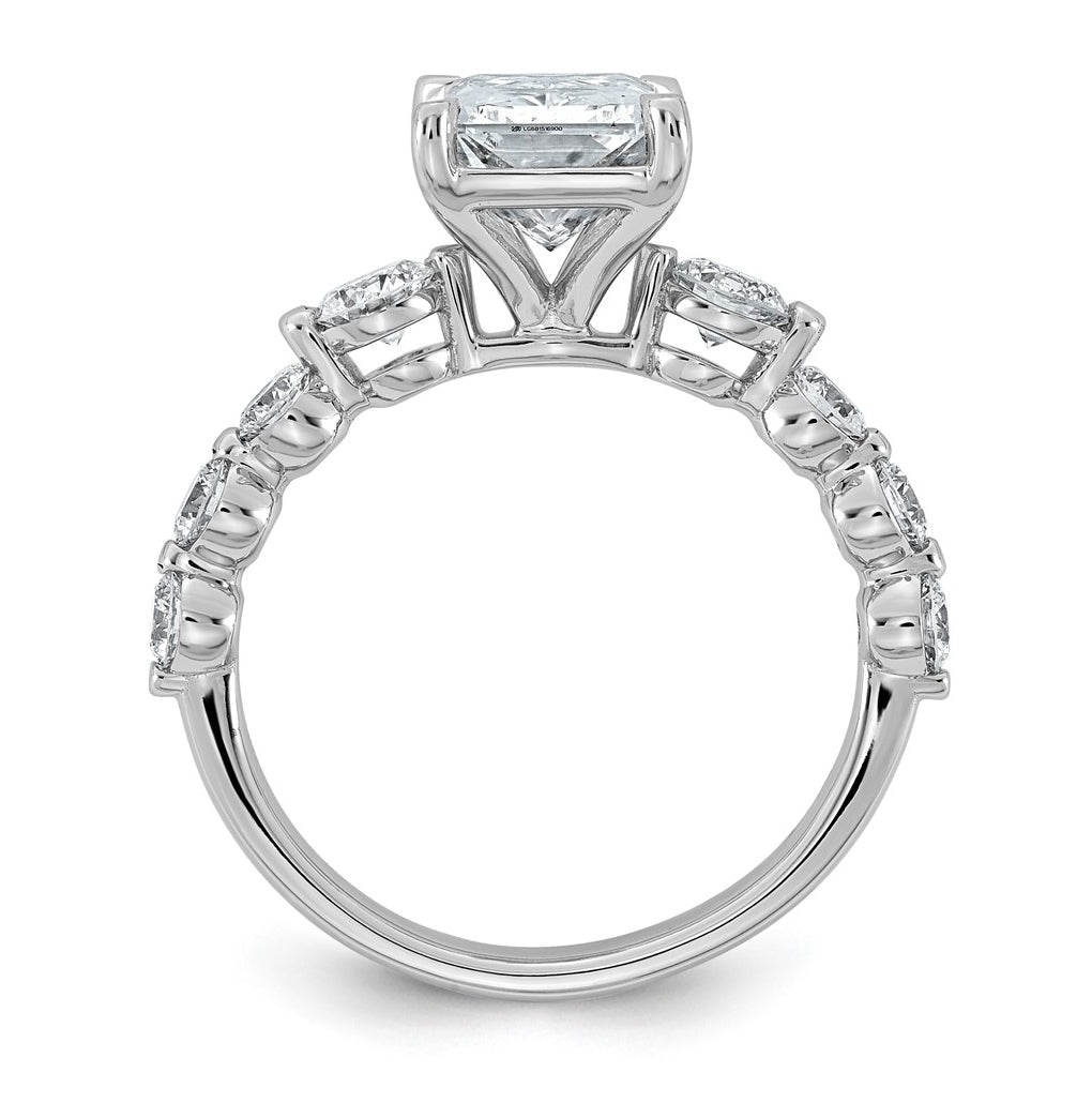 14K White Gold 4ct Cert. Radiant Ctr Lab Grown Diamond VS+ F+ w/ Round Sides Comp. Eng. R