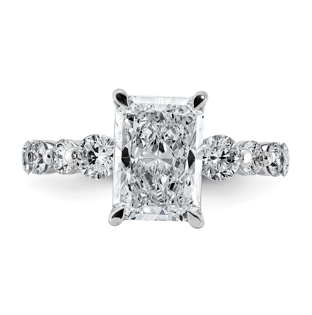 14K White Gold 4ct Cert. Radiant Ctr Lab Grown Diamond VS+ F+ w/ Round Sides Comp. Eng. R