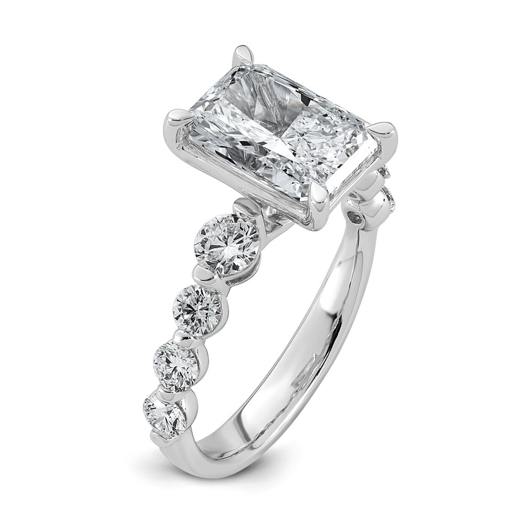 14K White Gold 4ct Cert. Radiant Ctr Lab Grown Diamond VS+ F+ w/ Round Sides Comp. Eng. R
