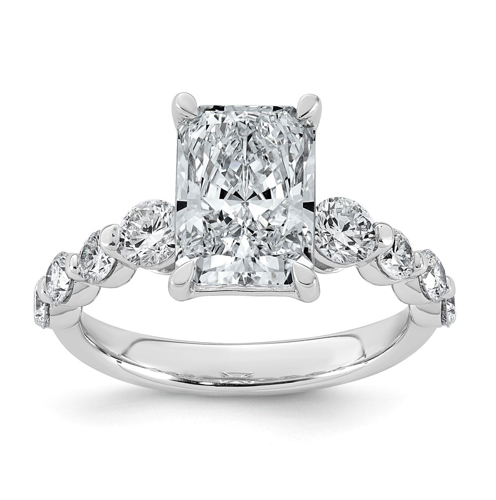 14K White Gold 4ct Cert. Radiant Ctr Lab Grown Diamond VS+ F+ w/ Round Sides Comp. Eng. R