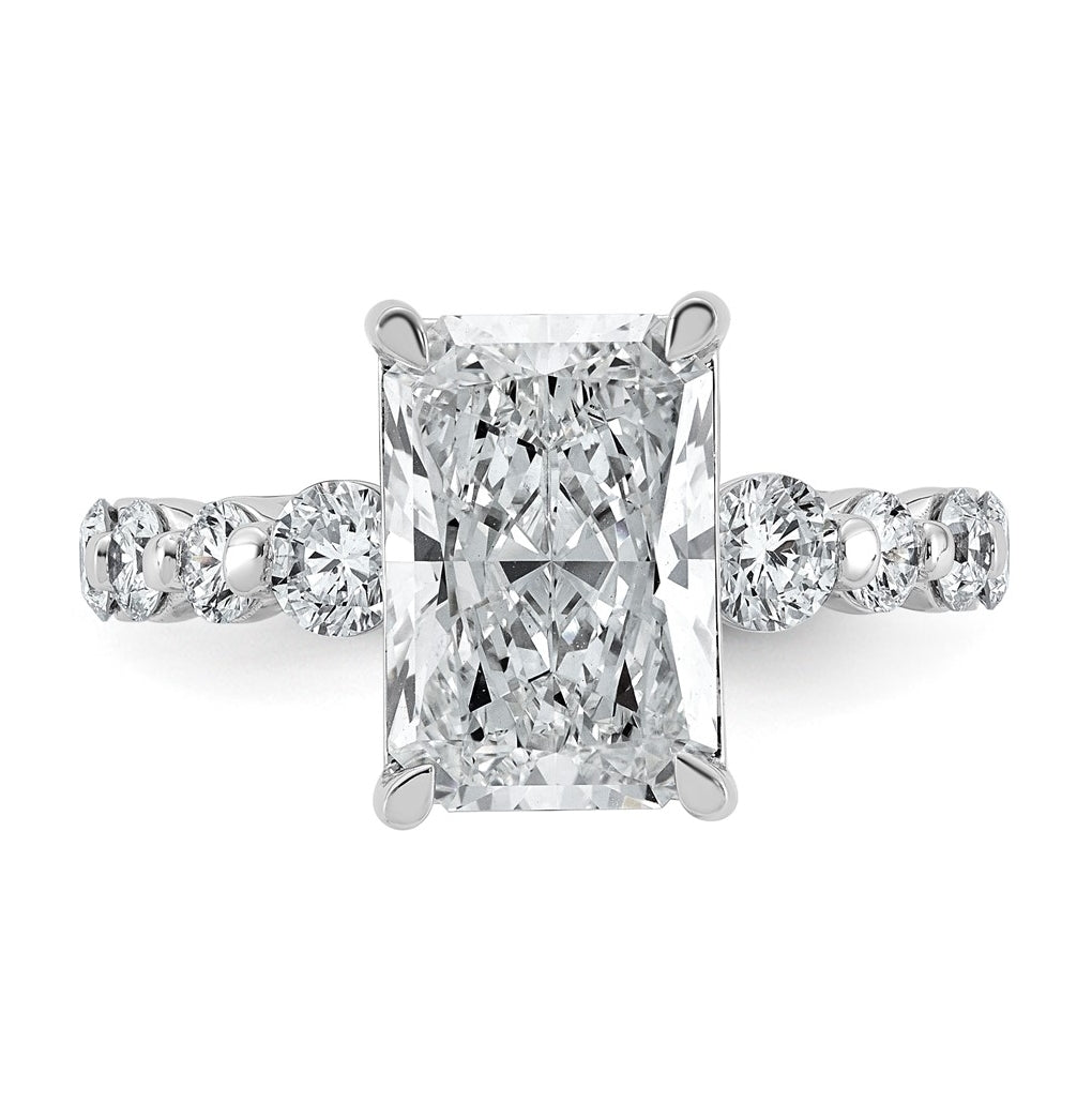 14K White Gold 5ct Cert. Radiant Ctr Lab Grown Diamond VS+ F+ w/ Round Sides Comp. Eng. R