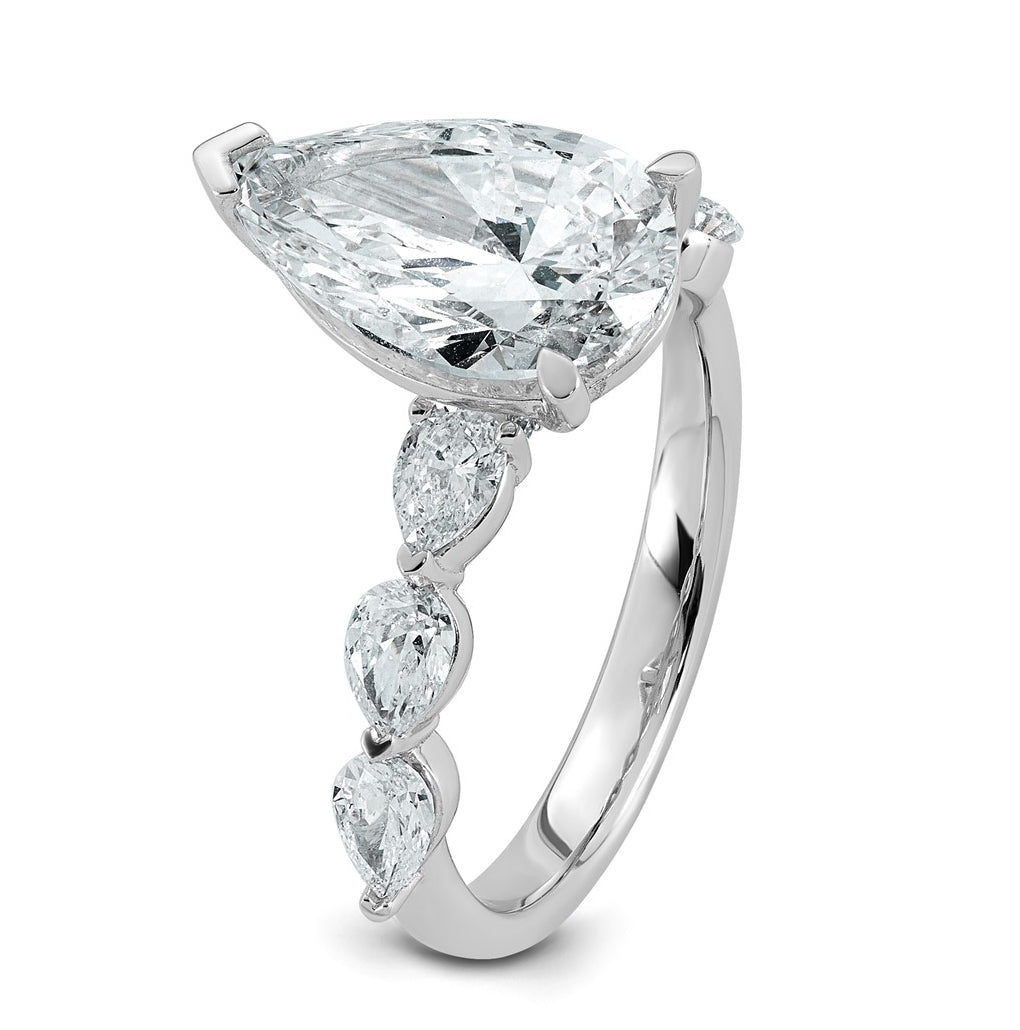 14K White Gold 3 7/8ct Certified Pear Ctr Lab Grown Diamond VS+ F+ w/ Pear Sides Comp. En