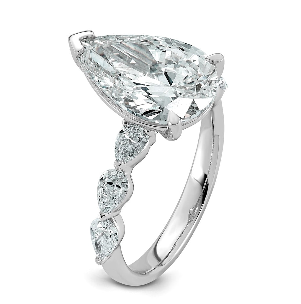 14K White Gold 4 7/8ct Certified Pear Ctr Lab Grown Diamond VS+ F+ w/ Pear Sides Comp. En