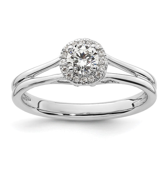 14k White Gold Halo (Holds 1/4 carat (4mm) Round Center) 1/20 carat Diamond Semi-mount Split Shank Engagement Ring
