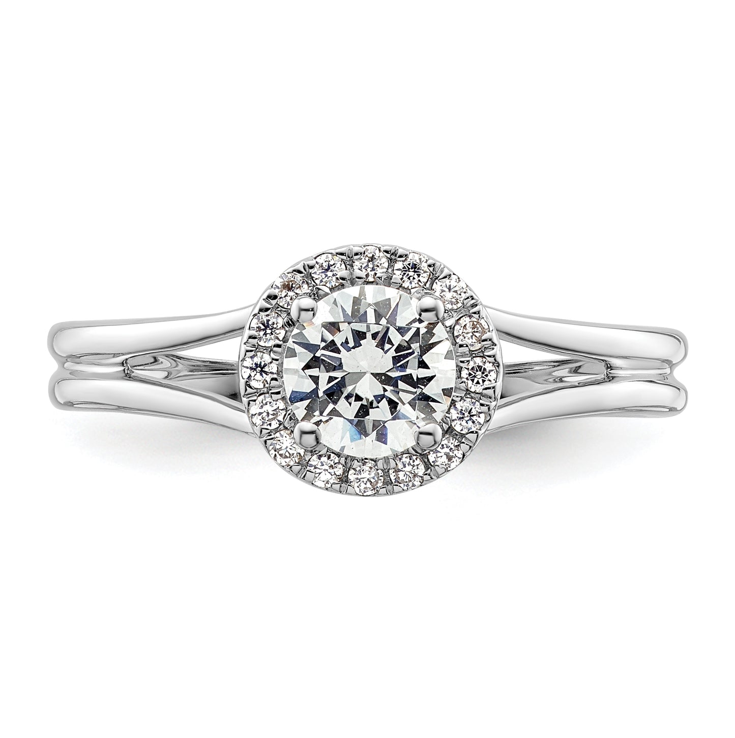 14k White Gold Halo (Holds 1/2 carat (5.2mm) Round Center) 1/10 carat Diamond Semi-mount Split Shank Engagement Ring
