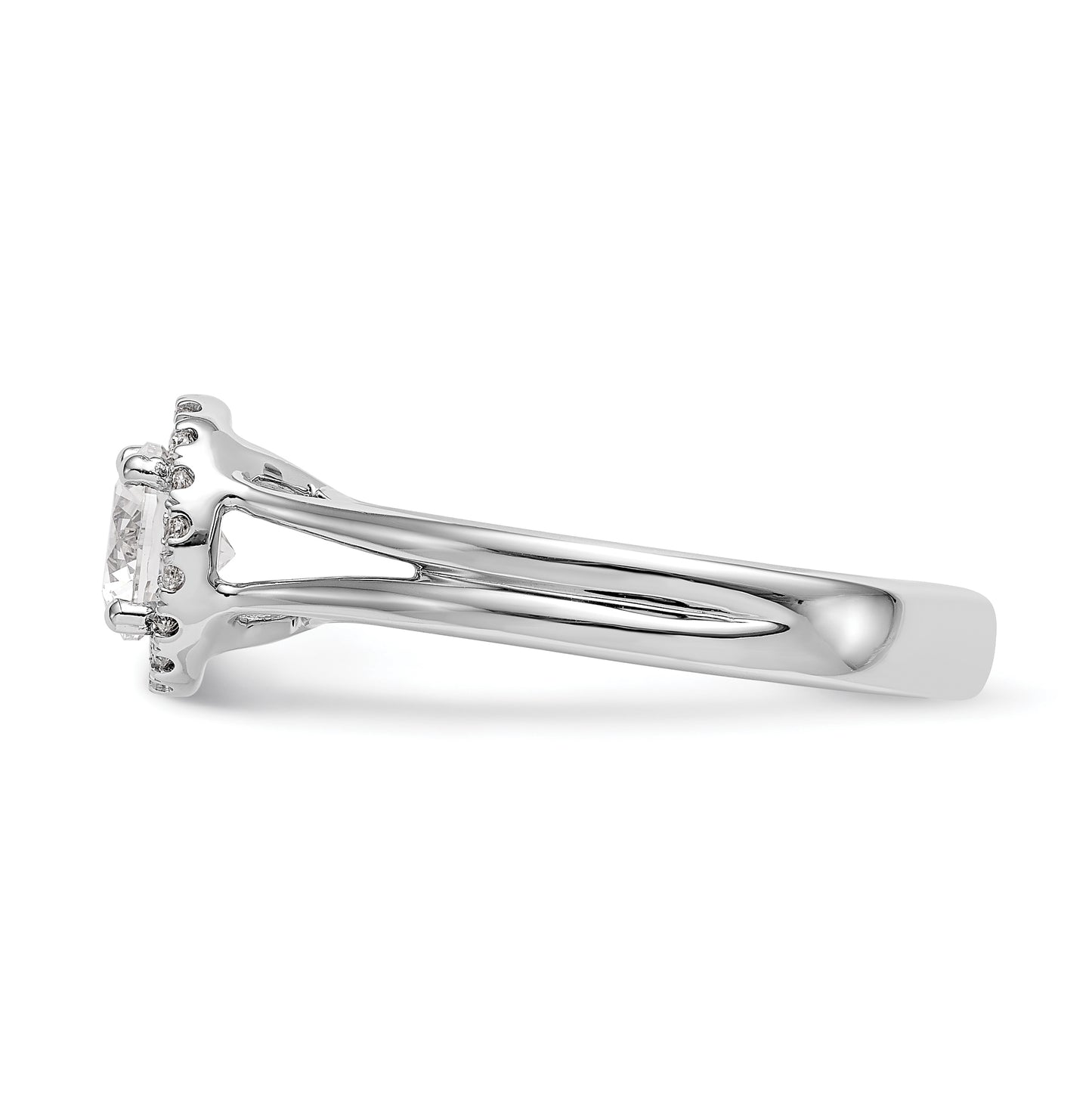 14k White Gold Halo (Holds 1 carat (6.5mm) Round Center) 1/8 carat Diamond Semi-mount Split Shank Engagement Ring