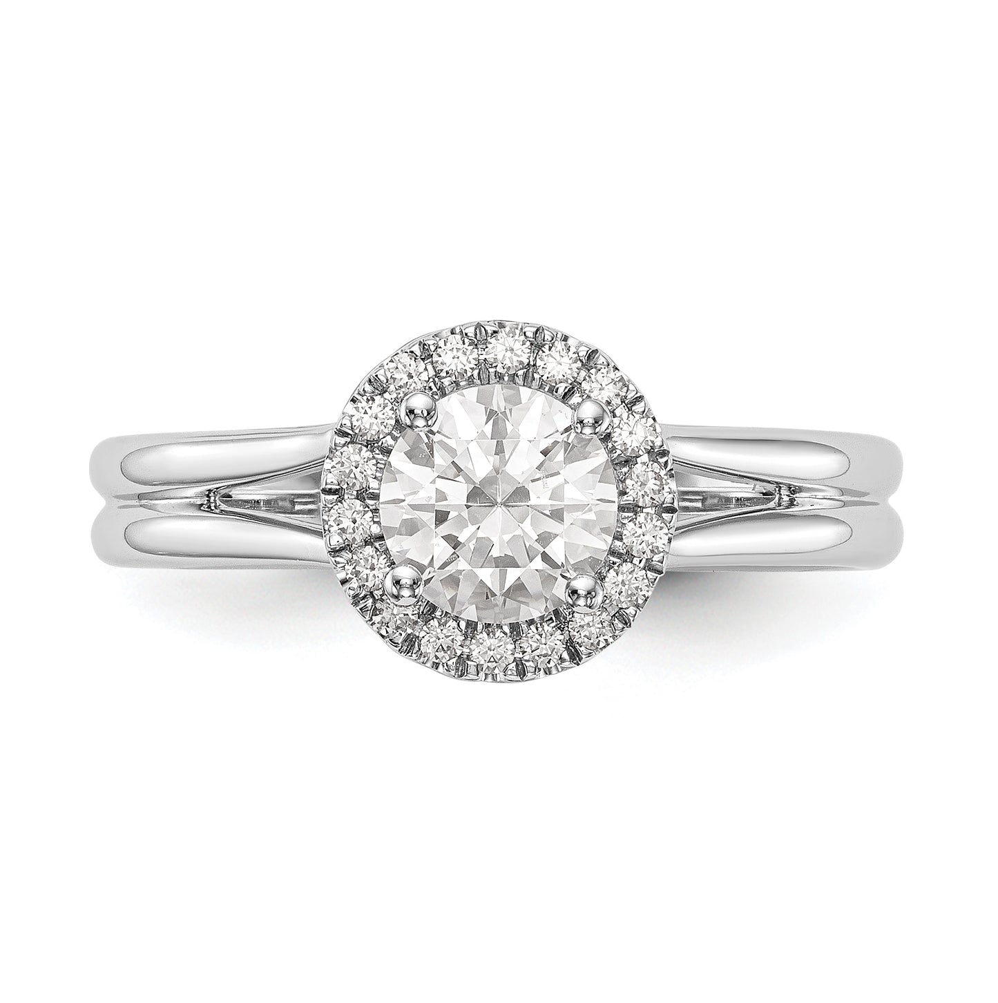 14k White Gold Halo (Holds 1 carat (6.5mm) Round Center) 1/8 carat Diamond Semi-mount Split Shank Engagement Ring