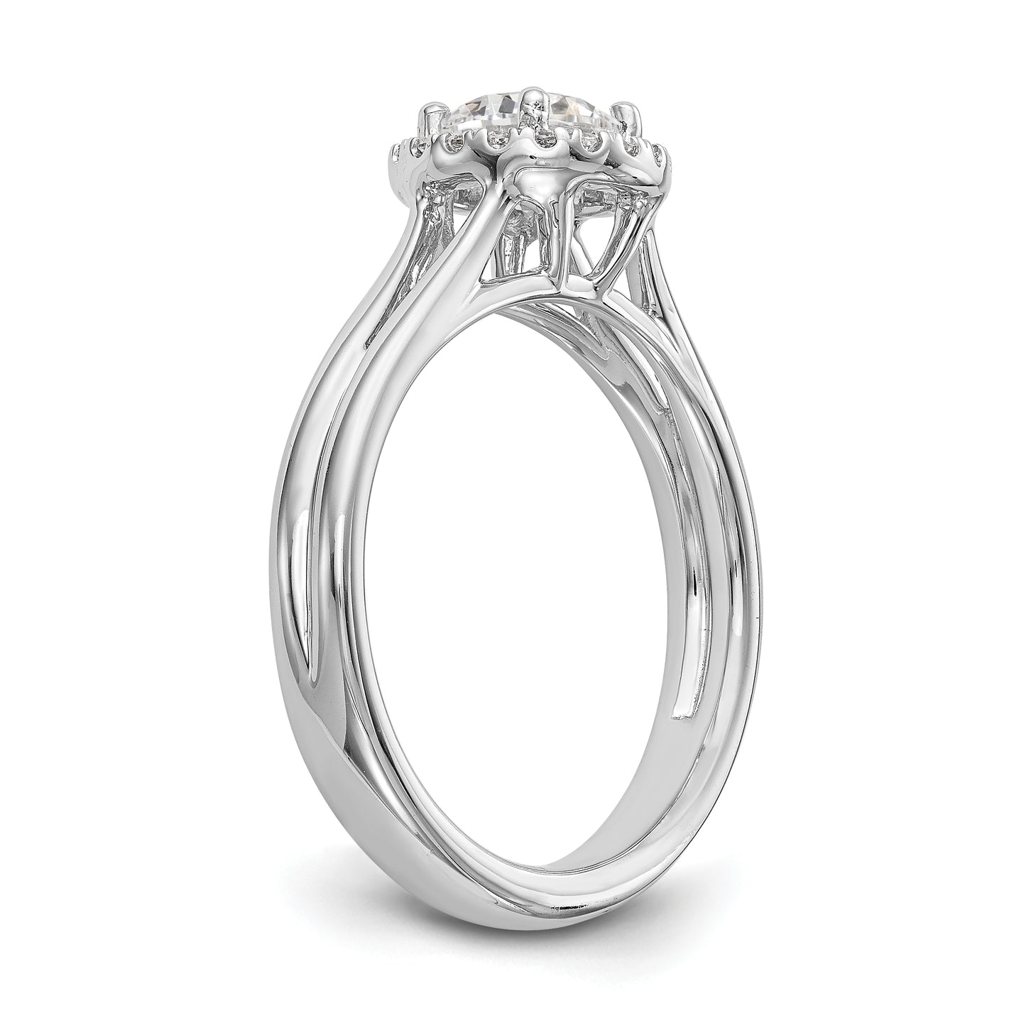 14k White Gold Halo (Holds 1 carat (6.5mm) Round Center) 1/8 carat Diamond Semi-mount Split Shank Engagement Ring