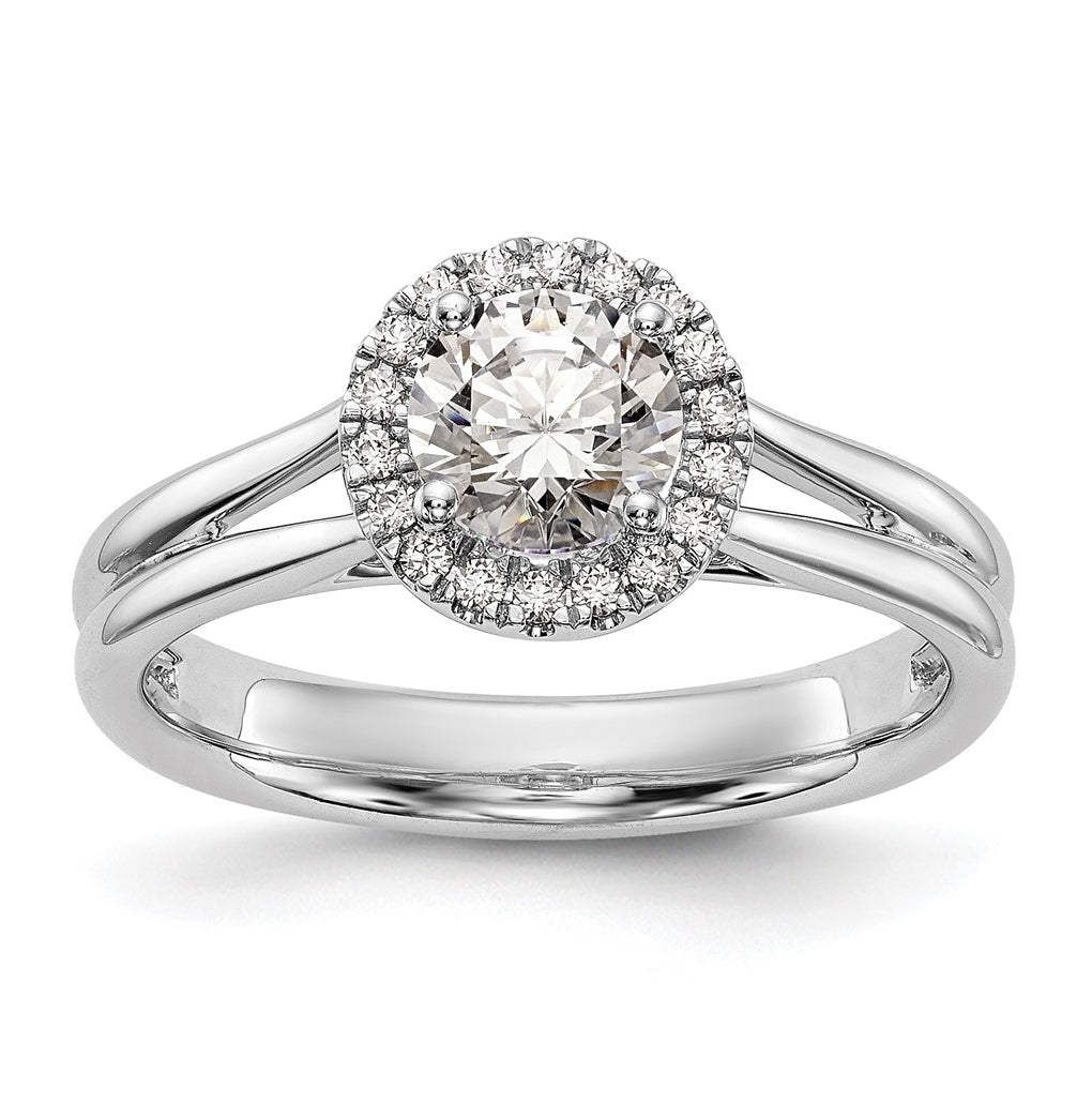 14k White Gold Halo (Holds 1 carat (6.5mm) Round Center) 1/8 carat Diamond Semi-mount Split Shank Engagement Ring
