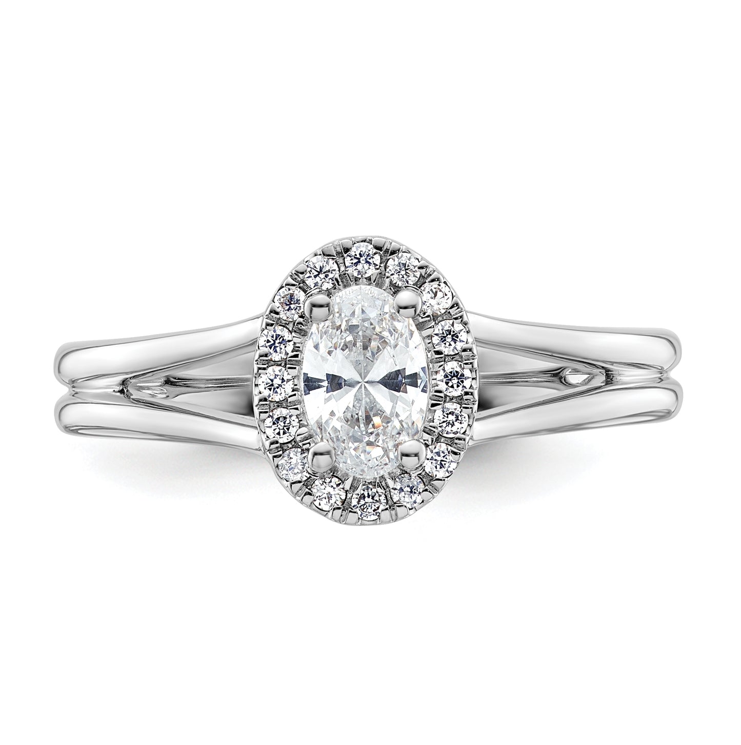 14k White Gold Halo (Holds 1/2 carat (6x4mm) Oval Center) 1/10 carat Diamond Semi-mount Split Shank Engagement Ring