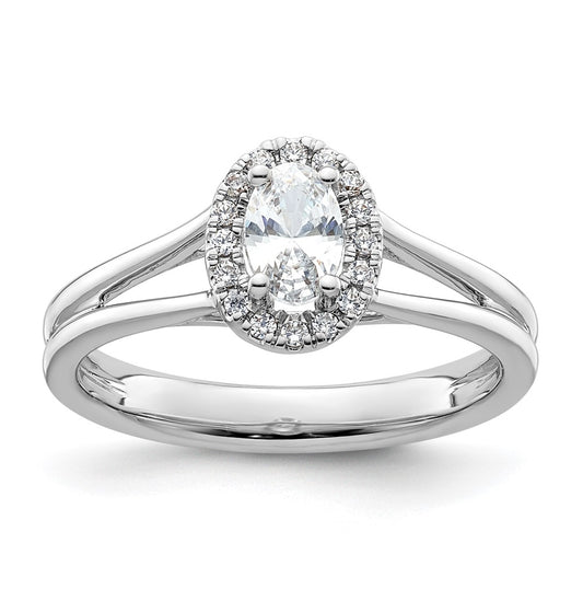 14k White Gold Halo (Holds 1/2 carat (6x4mm) Oval Center) 1/10 carat Diamond Semi-mount Split Shank Engagement Ring