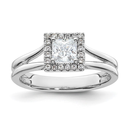 14k White Gold Halo (Holds 1/2 carat (4.4mm) Princess Center) 1/8 carat Diamond Semi-mount Split Shank Engagement Ring