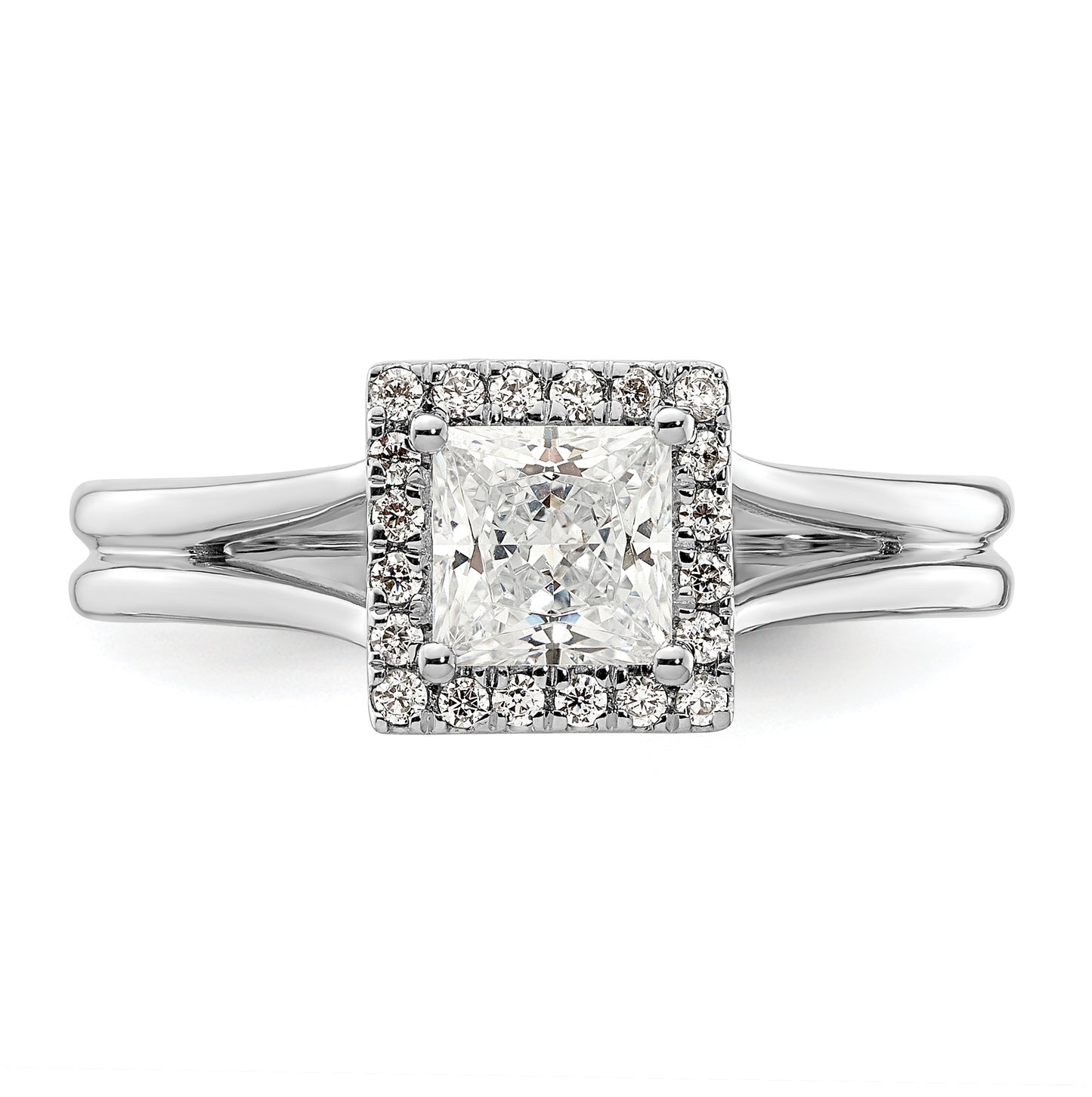 14k White Gold Halo (Holds 3/4 carat (4.9mm) Princess Center) 1/8 carat Diamond Semi-mount Split Shank Engagement Ring