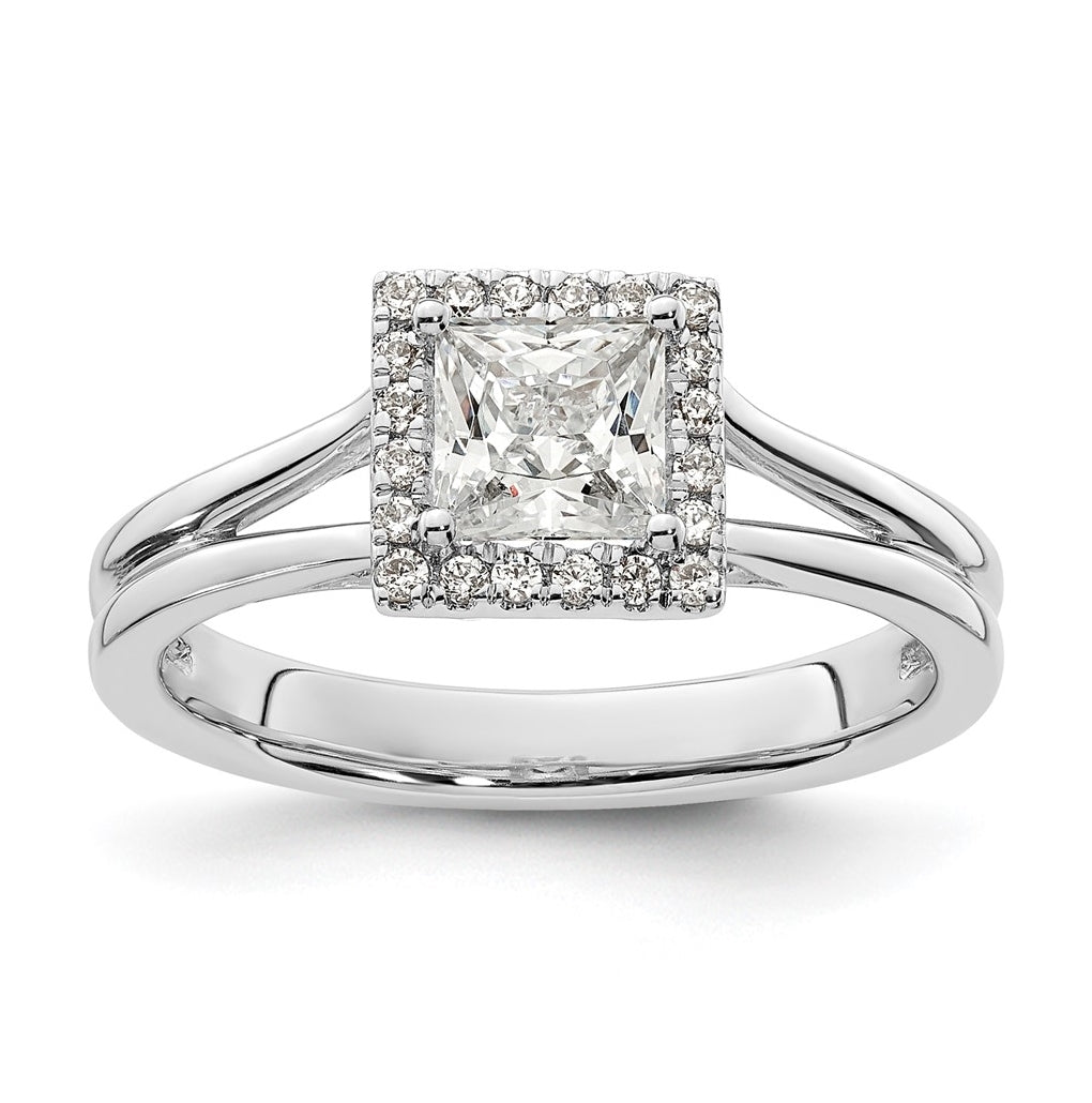14k White Gold Halo (Holds 3/4 carat (4.9mm) Princess Center) 1/8 carat Diamond Semi-mount Split Shank Engagement Ring