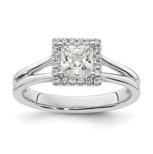 14k White Gold Halo (Holds 3/4 carat (4.9mm) Princess Center) 1/8 carat Diamond Semi-mount Split Shank Engagement Ring
