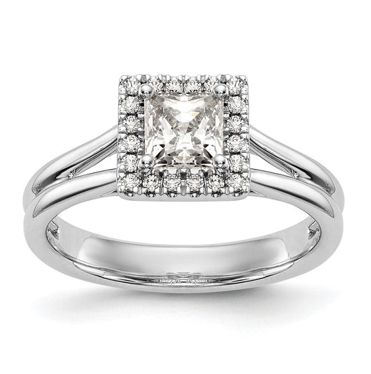 14k White Gold Halo (Holds 1 carat (5.7mm) Princess Center) 1/6 carat Diamond Semi-mount Split Shank Engagement Ring