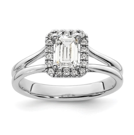 14k White Gold Halo (Holds 3/4 carat (5.7x4.5mm) Emerald-cut Center) 1/10 carat Diamond Semi-mount Split Shank Engagement Ring