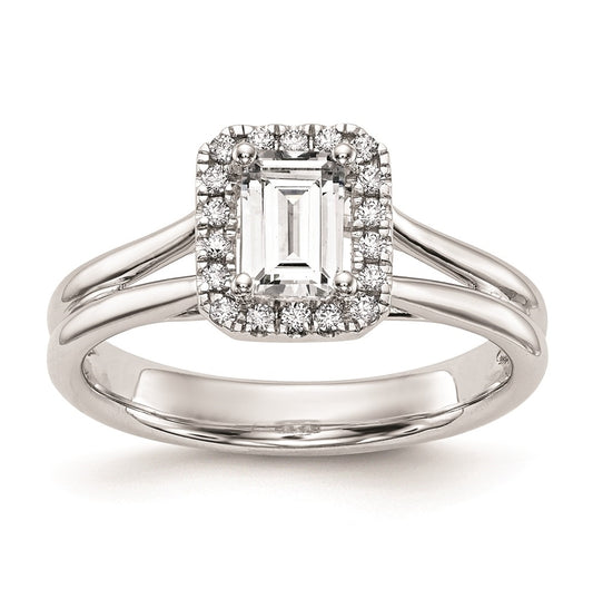14k White Gold Halo (Holds 1/4 carat (4.5x3mm) Emerald-cut Center) 1/20 carat Diamond Semi-mount Split Shank Engagement Ring