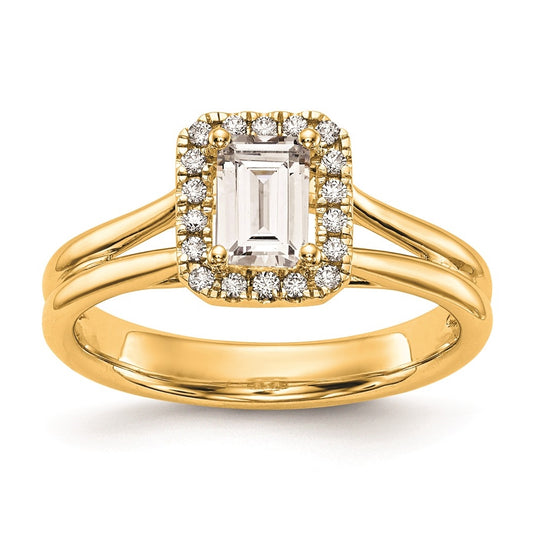 14k Yellow Gold Halo (Holds 1/2 carat (5.5x4mm) Emerald-cut Center) 1/10 carat Diamond Semi-mount Split Shank Engagement Ring