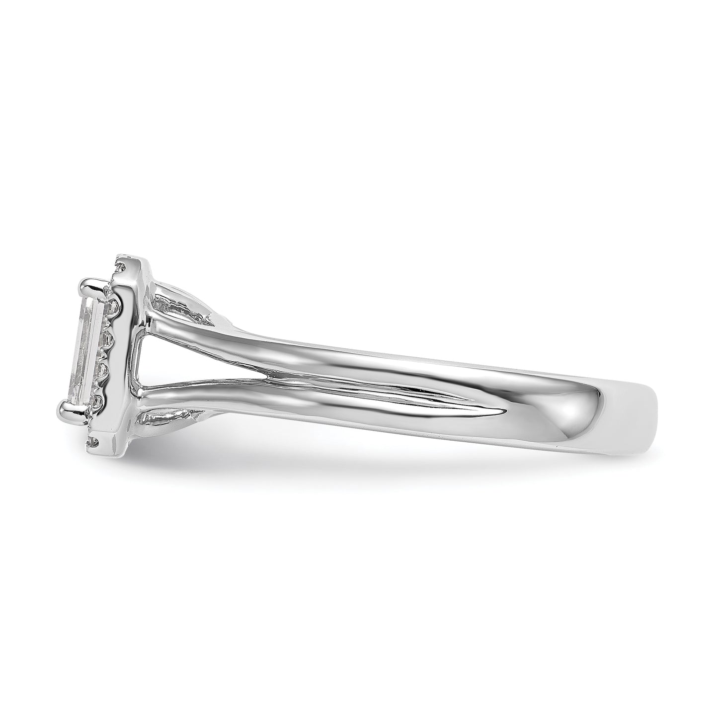 14k White Gold Halo (Holds 1 carat (6.8x4.7mm) Emerald-cut Center) 1/8 carat Diamond Semi-mount Split Shank Engagement Ring