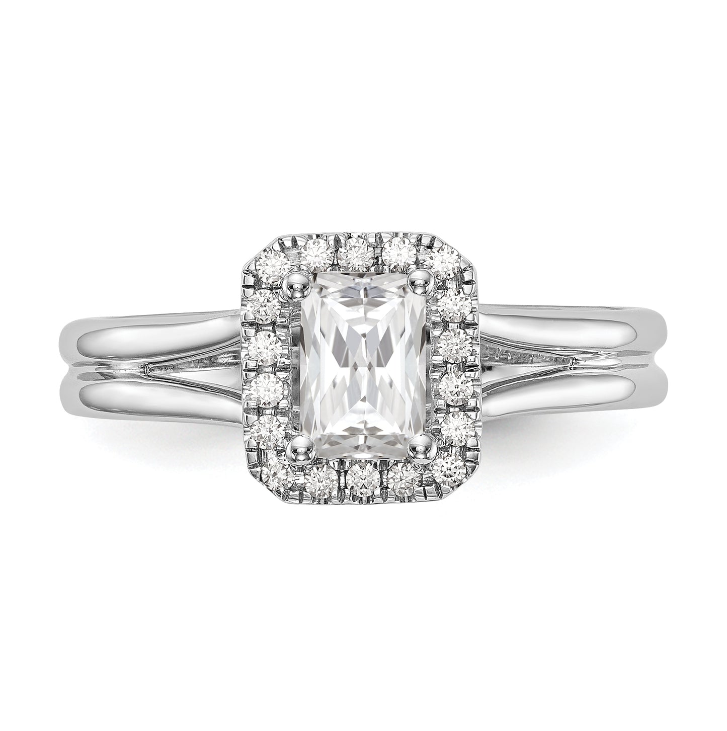 14k White Gold Halo (Holds 1 carat (6.8x4.7mm) Emerald-cut Center) 1/8 carat Diamond Semi-mount Split Shank Engagement Ring