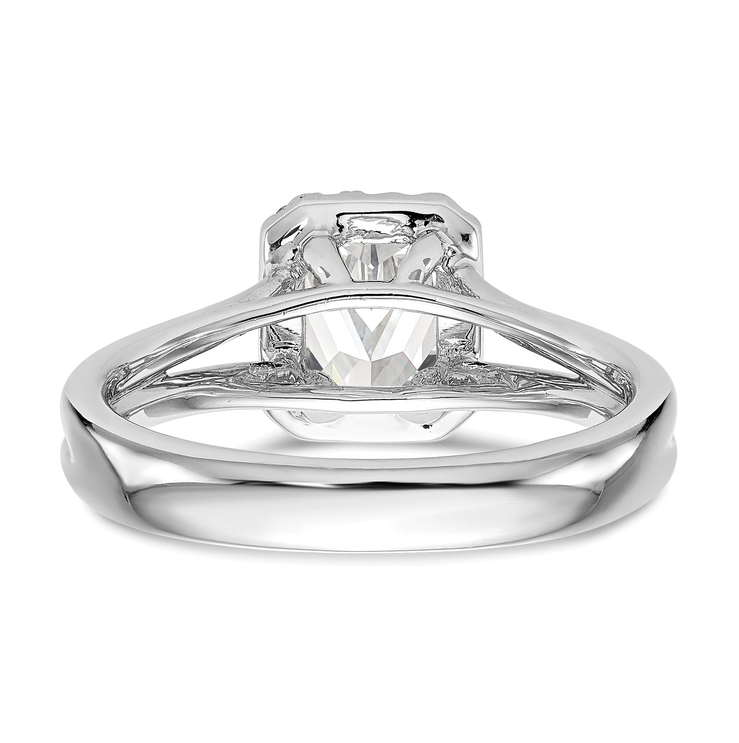 14k White Gold Halo (Holds 1 carat (6.8x4.7mm) Emerald-cut Center) 1/8 carat Diamond Semi-mount Split Shank Engagement Ring
