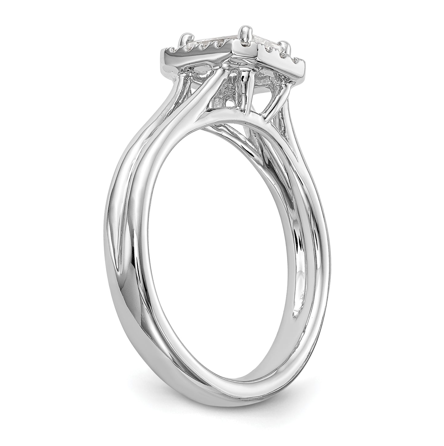 14k White Gold Halo (Holds 1 carat (6.8x4.7mm) Emerald-cut Center) 1/8 carat Diamond Semi-mount Split Shank Engagement Ring