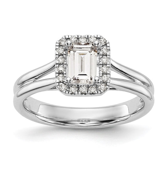14k White Gold Halo (Holds 1 carat (6.8x4.7mm) Emerald-cut Center) 1/8 carat Diamond Semi-mount Split Shank Engagement Ring