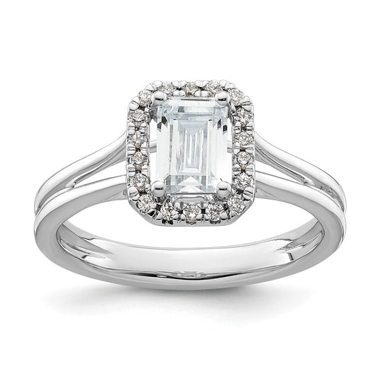 14k White Gold Halo (Holds 1.25 carat (6.8x5.2mm) Emerald-cut Center) 1/8 carat Diamond Semi-mount Split Shank Engagement Ring