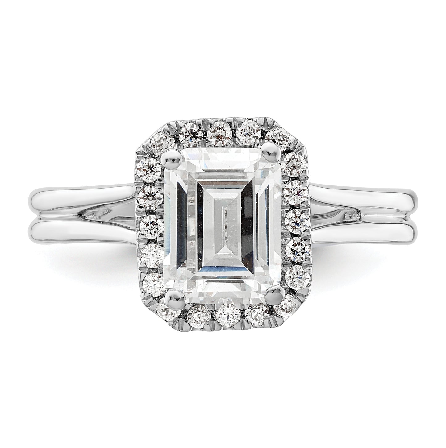 14k White Gold Halo (Holds 1.5 carat (7.7x5.8mm) Emerald-cut Center) 1/5 carat Diamond Semi-mount Split Shank Engagement Ring