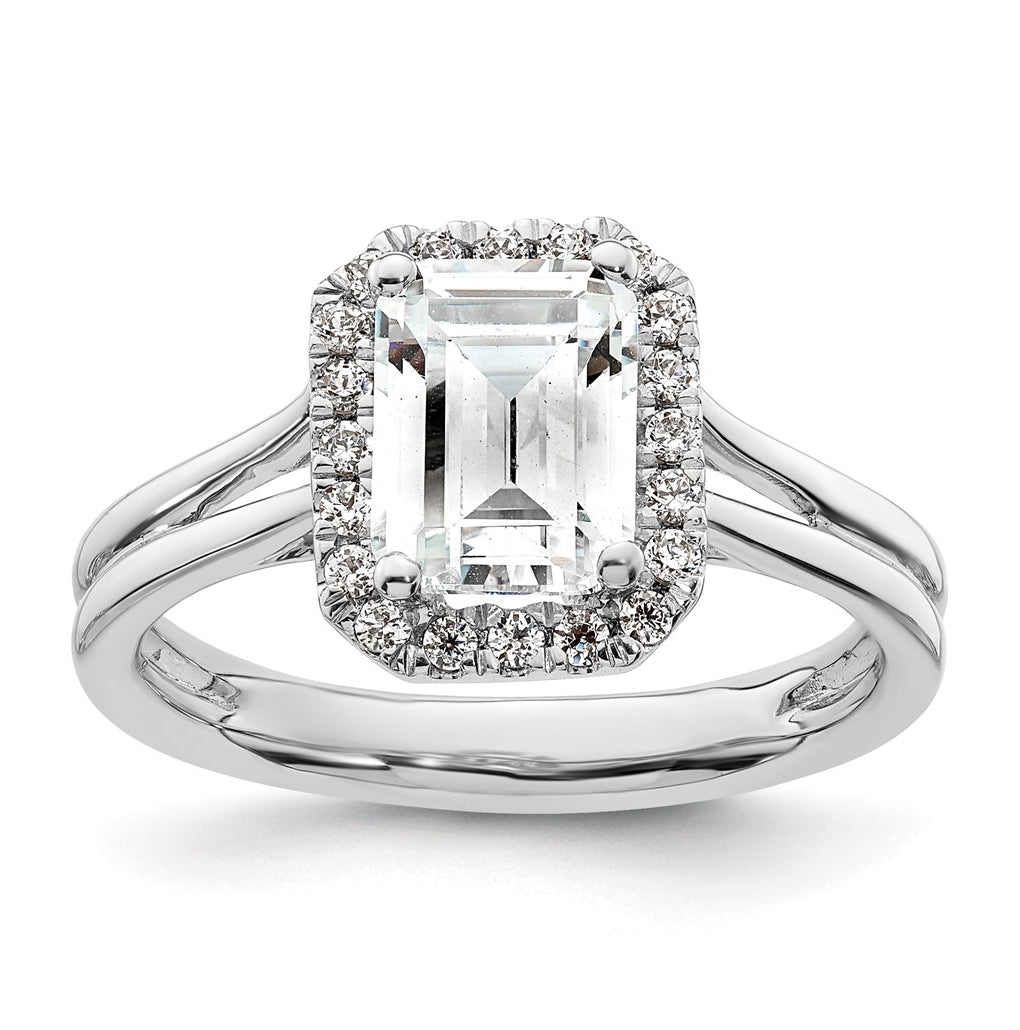 14k White Gold Halo (Holds 1.5 carat (7.7x5.8mm) Emerald-cut Center) 1/5 carat Diamond Semi-mount Split Shank Engagement Ring