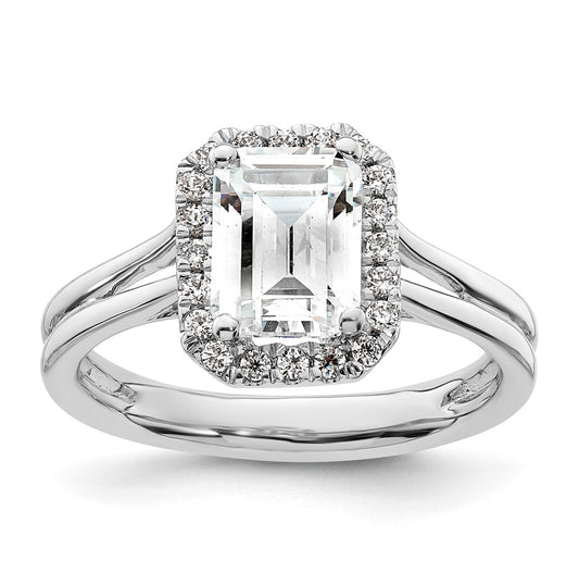14k White Gold Halo (Holds 1.5 carat (7.7x5.8mm) Emerald-cut Center) 1/5 carat Diamond Semi-mount Split Shank Engagement Ring