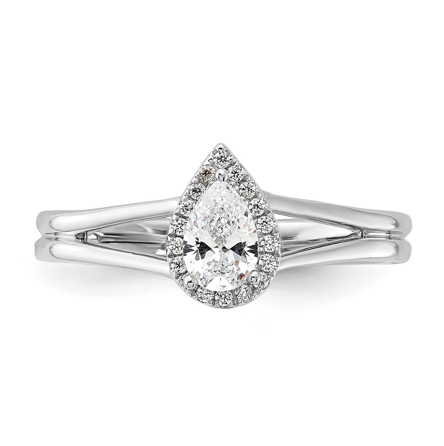 14k White Gold Halo (Holds 1/4 carat (5.5x3.5mm) Pear Center) 1/15 carat Diamond Semi-mount Split Shank Engagement Ring
